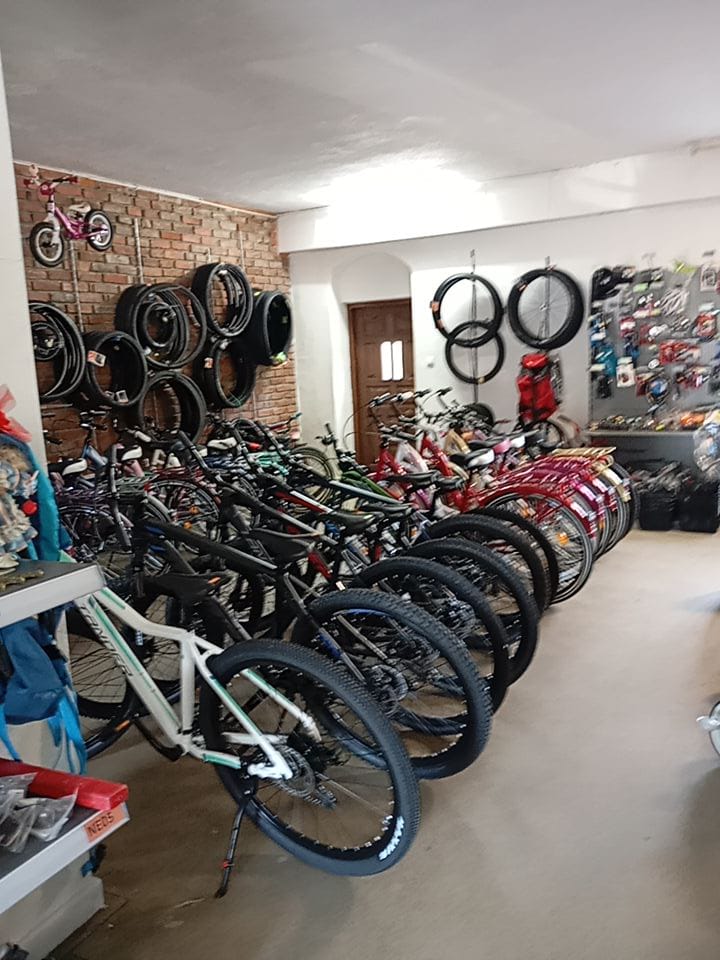 Rząd rowerów górskich i miejskich